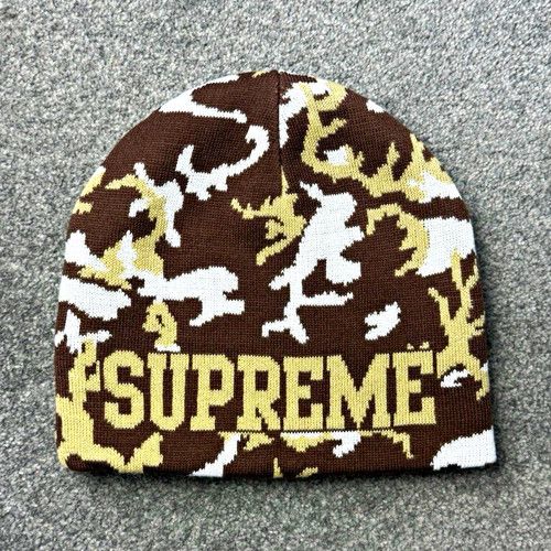 Supreme reversible Brown Knit Logo Beanie Hat One Size Logo Theme Winter Beanies