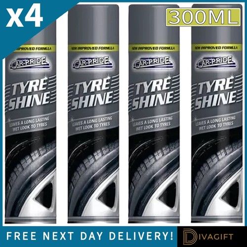 4 x TYRE SHINE SPRAY 300ML WET LOOK TYRE SHINE GLOSS BLACK FINISH CAR VAN BIKE