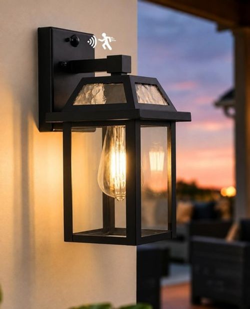 PIR Motion Sensor Outdoor Wall Light 3 Modes E27 Black Porch Lantern Waterproof