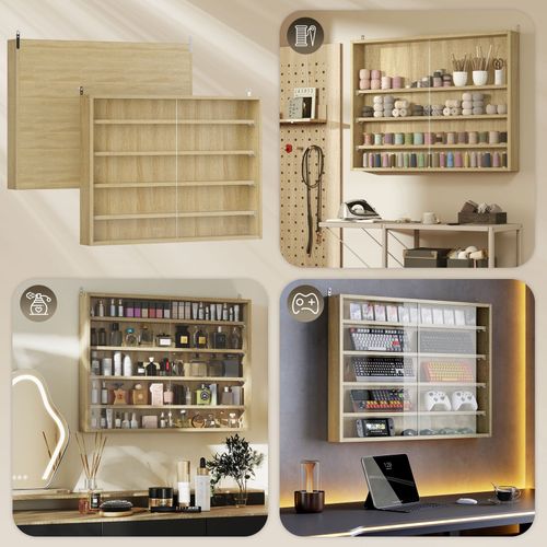 5 Tier Wall Display Shelf Unit Cabinet with 4 Adjustable Shelves Glass Doors Oak — image 7