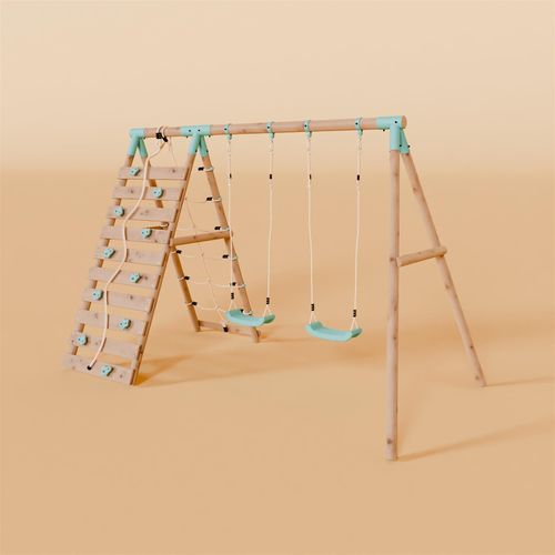 Double Wooden Swing Set With Climbing Wall - Boulder Brook I Waltons — image 1