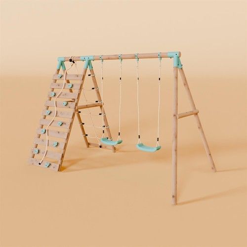 Double Wooden Swing Set With Climbing Wall - Boulder Brook I Waltons