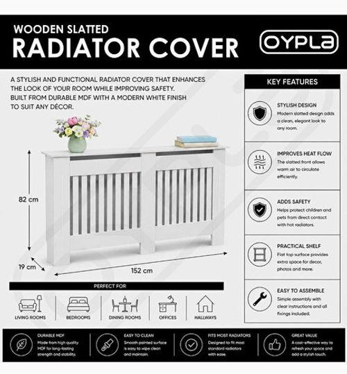 BLISSWOOD Chelsea Radiator Cover Slatted Shelf MDF White 152cm RC028