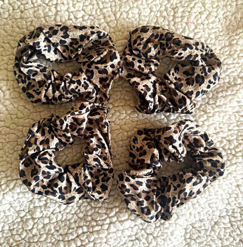 4 Pack Leopard Print Fabric Hair Scrunchies Elasticated Beige/Black 6cm