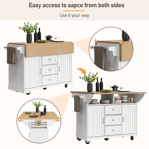 Kitchen Island on Wheels Rolling Storage Trolley with Extendable Worktop, White — image 5