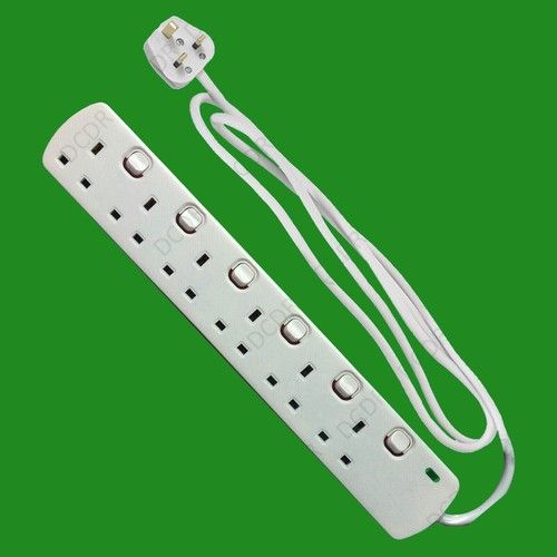 6 Way Individually Switched Extension Socket 13a 2m Lead Cable Plug & Neon