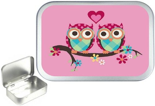 Pink Love Owl's .Silver Hinged Tobacco Tin, Sewing Kit .Pill Box, 1oz & 2oz
