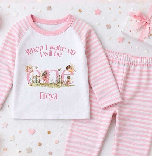 Personalised 1st Birthday Pyjamas Pink Fairy PJs Kids Baby Girl Name Age Cotton — image 1