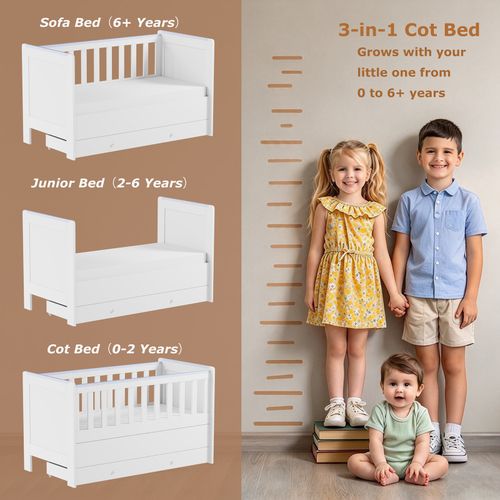 3-in-1 Convertible Cot Bed White Baby Nursery Crib Toddler Bed 140x66cm Mattress — image 3