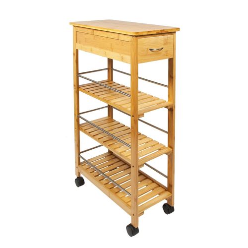 4 Tier Slim Portable Natural Bamboo Wood Kitchen Trolley Organiser Basket Shelf — image 3
