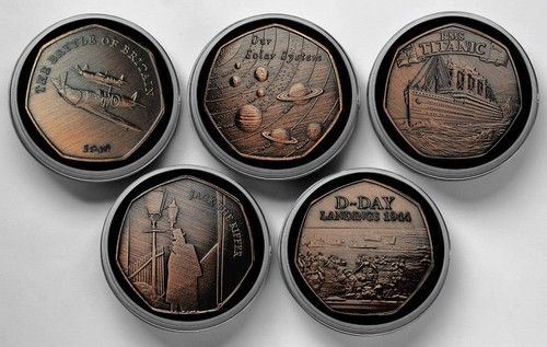 Set of 5 Antique Bronze Commemorative Coins & Capsules. TITANIC, SPITFIRE, D-DAY
