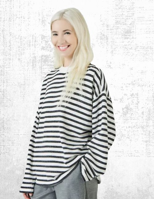 Womens HUSH Long Sleeve Aluna Brushed Striped Oversized T-shirt White Black — image 2