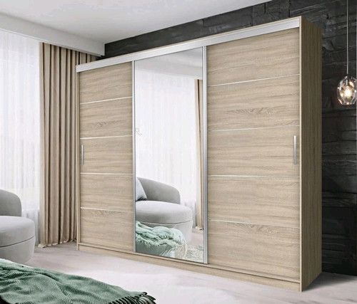 250cm Sliding Door Wardrobe Mirrored, 3 Doors, Shelves & Rail, Light Wood