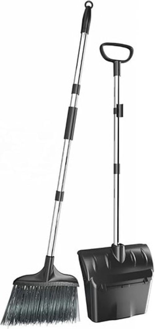 Long Handled Dustpan and Brush Set, Heavy Duty Upright Dust Pan and Broom Combo-
