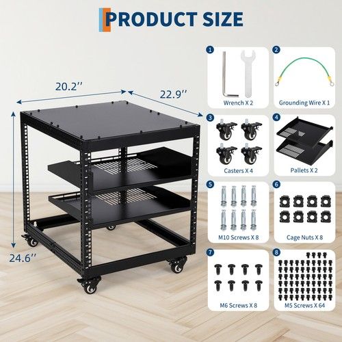 Heavy Duty Open Frame Server Rack 10U-20U Adjustable Depth w/ Casters, 2 Shelves