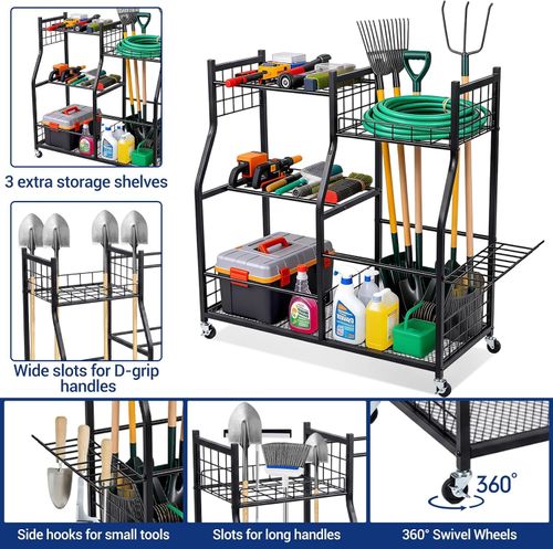 Heavy Duty Storage Rack Garden Tool Organizer with Wheels for Garage & Gardening — image 3