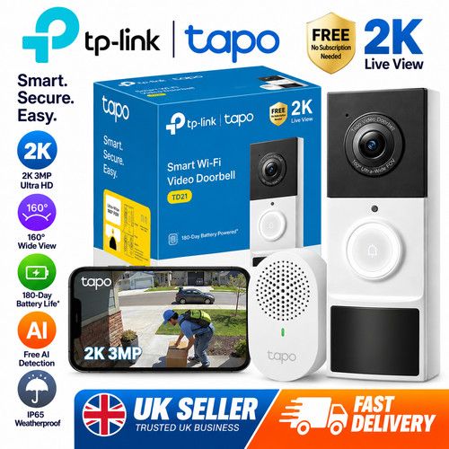 TP-Link Tapo TD21 2K 3MP Wireless Video Doorbell Camera Chime Included Alexa