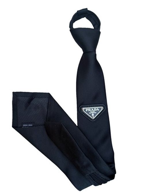PRADA Black Men's Pretied Skinny Tie Solid Woven Silk with Logo Plaque
