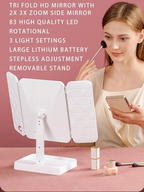83 LED HD Makeup Mirror Rechargeable 3 Lights Magnifying Tri-fold Touch Dimming