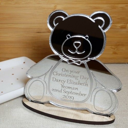 PERSONALISED CHRISTENING GIFT PRESENT TEDDY BEAR KEEPSAKE MIRROR PLAQUE BOY GIRL