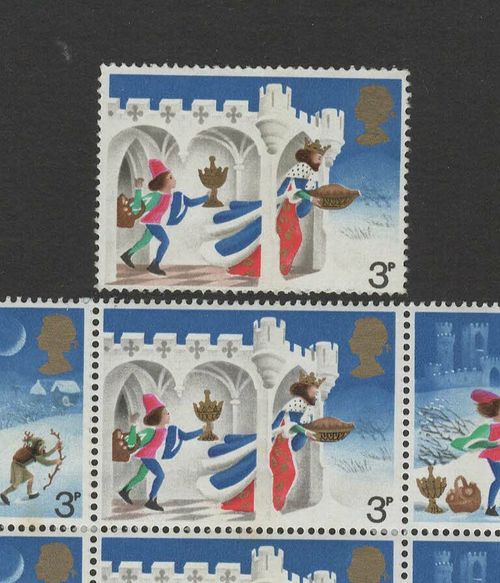 SG 945 ERROR 3 STAMPS MISSING SALMON PINK COLOUR ON TILES 3p 1973 Xmas CYL. — image 2
