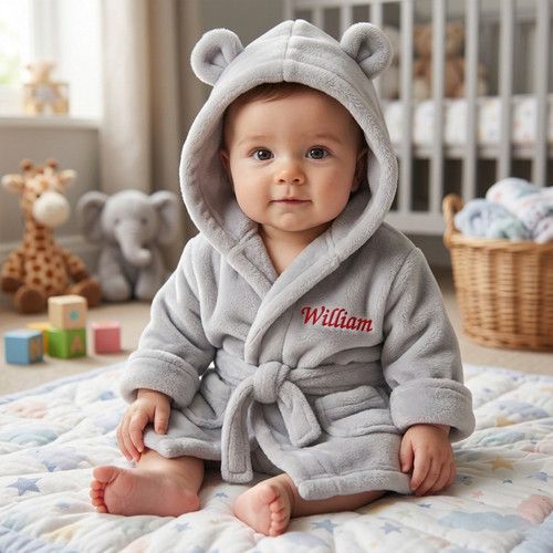 Personalised Baby Dressing Gown Custom Baby Robe with Name, Hooded Baby Bathrobe