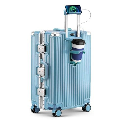 24 Inch Aluminum Frame Zipperless Luggage TSA Lock USB Cup & Phone Holder