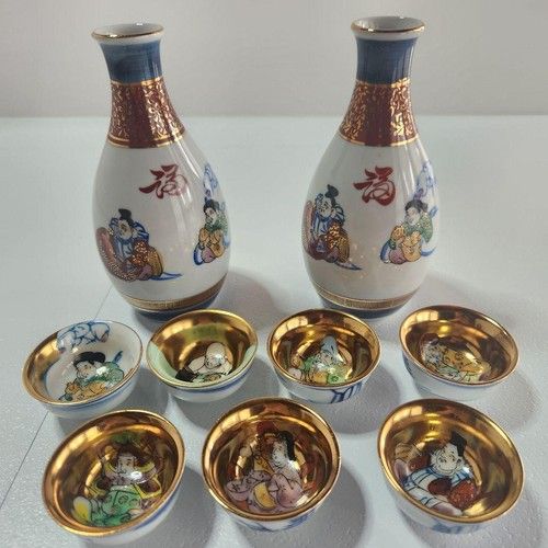 Kutani Ware Seven Lucky Gods Sake Set Tokkuri Cups No Box