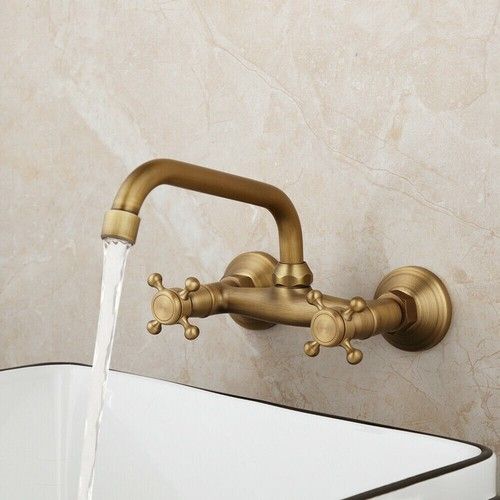Antique Brass Wall Mounted Bathroom Faucet Dual Handles Basin Sink Mixer Tap 