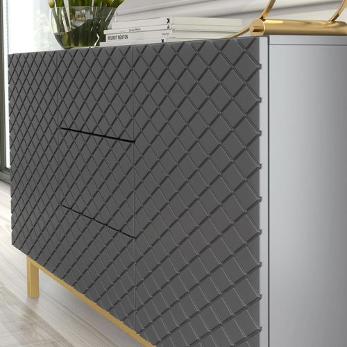 Sideboard Cabinet Diamond Pattern 3 Drawers 2 Doors Grey Gold Legs Storage 140cm — image 8
