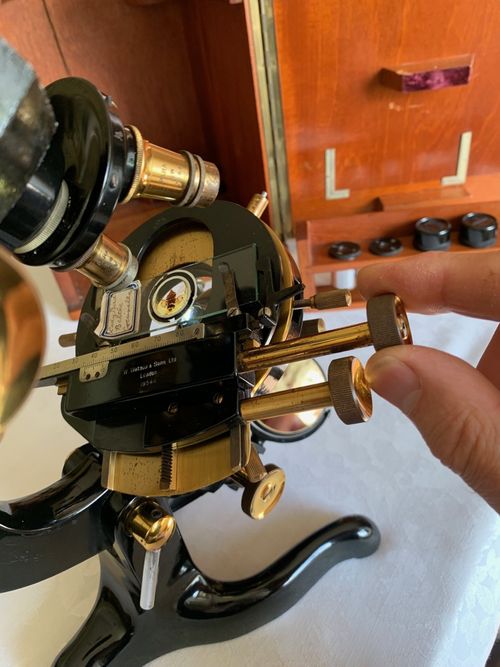 Vintage W. Watson & Sons Ltd High Power Binocular Brass Microscope c1937, Cased — image 10