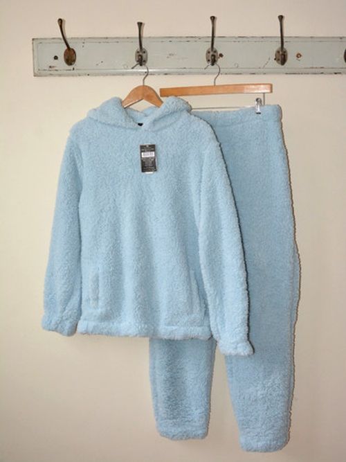 CITY COMFORT BLUE TEDDY BORG HOODIE PYJAMA LOUNGEWEAR 2 PIECE SET SIZE X- LARGE