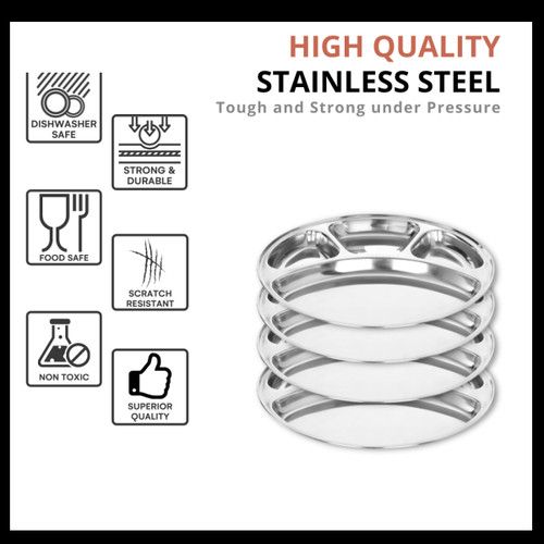 New ROUND DISH PLATE Big Thali 4 Compartment Stainless Steel Food Serving Dinner