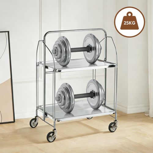 2-Tier Folding Kitchen Trolley Serving Trolley Serving Cart with Wheels Silver — image 3