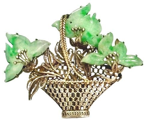 Antique Chinese Export Silver Gilt Filigree Jade Flower Basket Brooch Signed MG