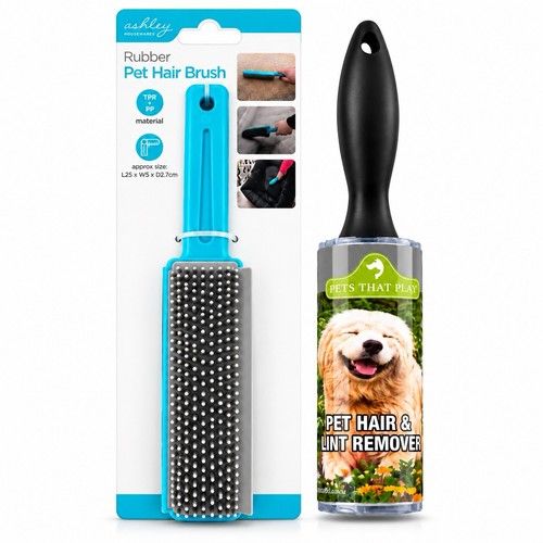 Pet Hair Remover Bundle Rubber Brush & Lint Roller Dog Cat Sofa Car Carpet