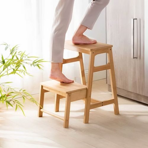 Folding Wooden Bamboo Step Stool Kitchen Ladder Chair Display Rack 3 in 1 Stool — image 4