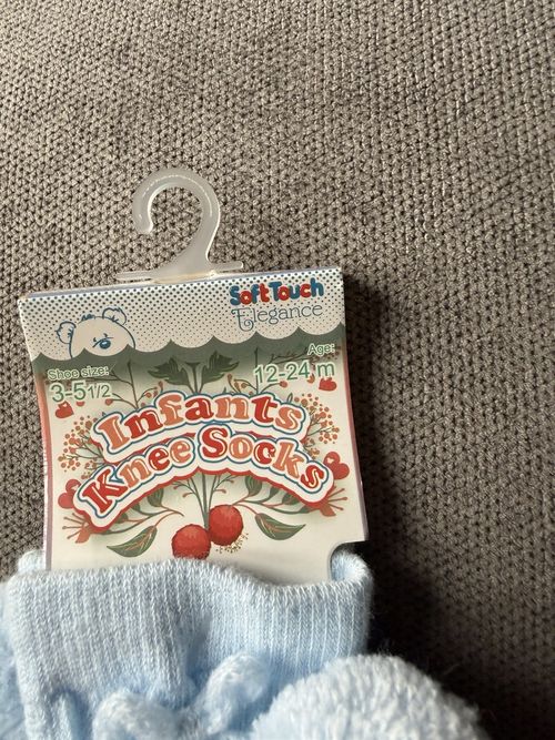 Soft Touch Baby Blue Cable Knit Knee High Pom Pom Socks 12-24m 1pr S355-B — image 2