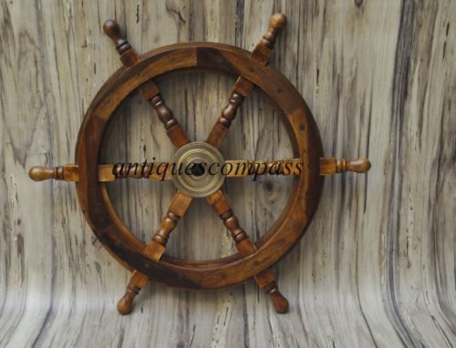 18"Nautical Wooden Ship Steering Wheel Pirate Decor Wood Brass Fishing Wall Boat — image 2