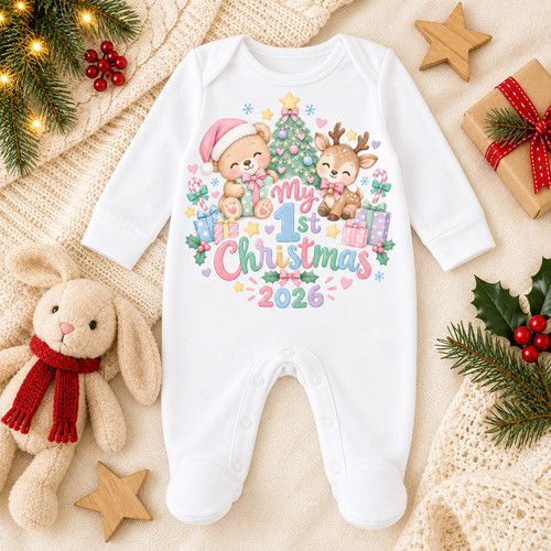 Baby 1st Christmas 2026 Sleepsuit, My First Christmas Babygrow, Pastel Xmas Gift