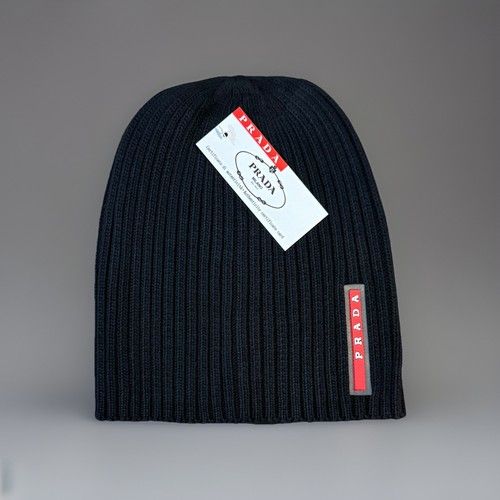 PRADA Knit Logo Beanie Hat One Size Black Brand New Unisex