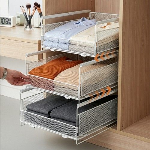 3X Stackable Metal Storage Organiser Drawer Pull out Stackable Clothes Basket