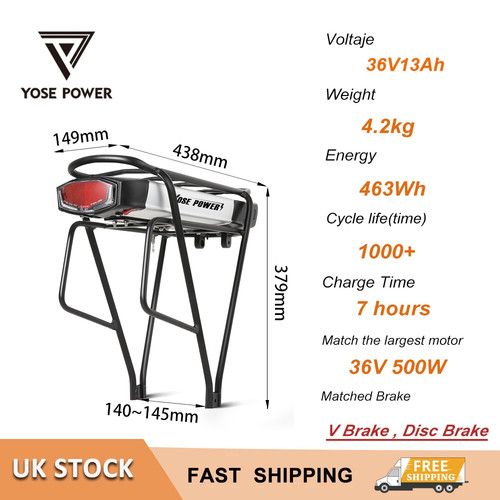36V13Ah EBike Lithium-ion Battery with Black Rear Carrier Fit for 26"-28" Bike