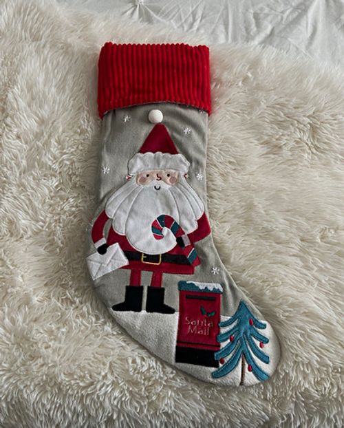 Christmas Stocking Santa Applique "Santa Mail" Pocket Grey/Red Hanging