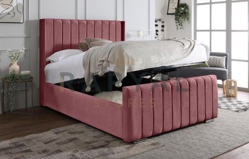 OTTOMAN STORAGE  BED PANEL PLUSH VELVET UPHOLSTERED BED FRAME- WINGED HEADBOARD