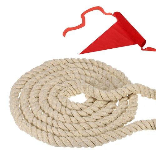 10 Ft Tug of War Rope Gaming 3-Strand Natural Twisted Cotton Rope w Flag Khaki