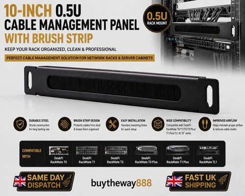 10 inch 0.5U Rack Cable Entry Panel with 10 Inches Schwarz Organizer for DeskPi