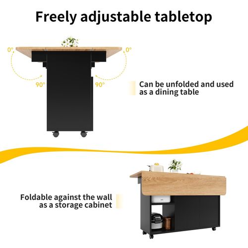 Kitchen Island Storage Trolley Serving Cart Cabinet Drop Leaf Table Top, Black — image 6