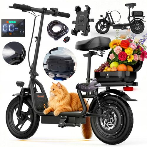 14"Electric Scooter with Seat, C0mmuter Foldable, 500W 15Ah Battery+ Storage Box