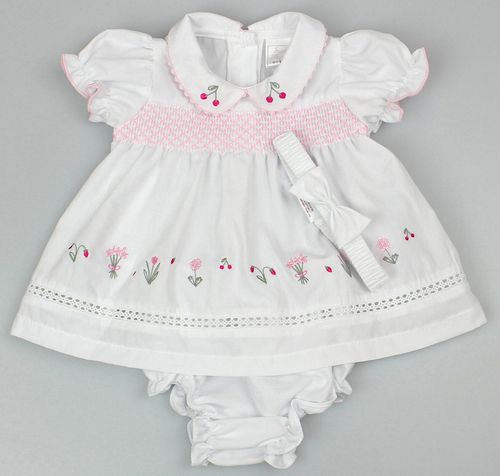 Baby Girl Dress Set Outfit Smocked Embroidered Headband White — image 7